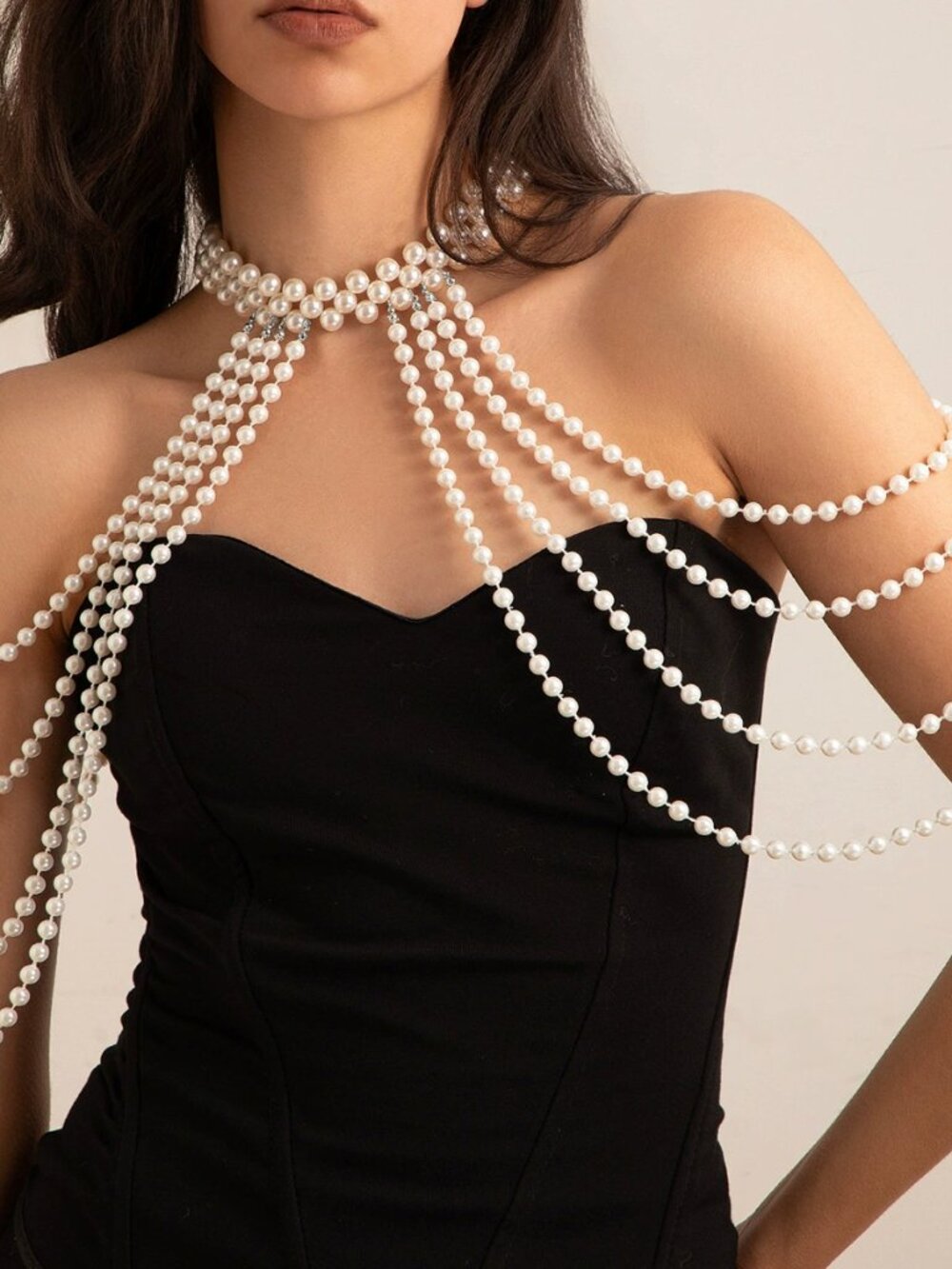 Layered Pearl Shoulder Chain Necklace – Elegant Bridal & Party Body Jewelry